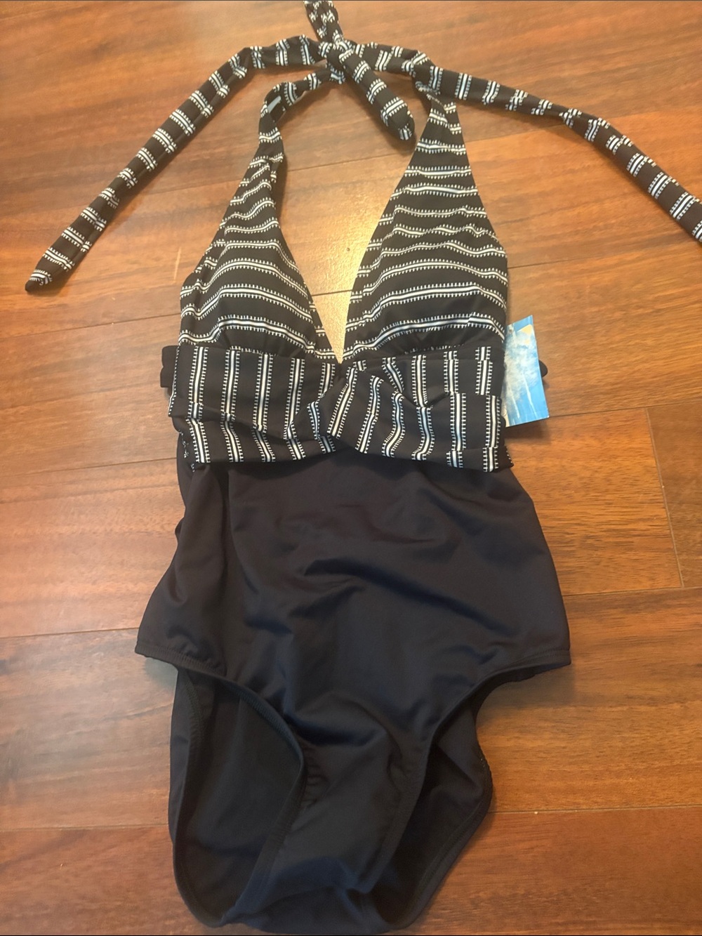 Black Halter One-Piece Swimsuit with Striped Top